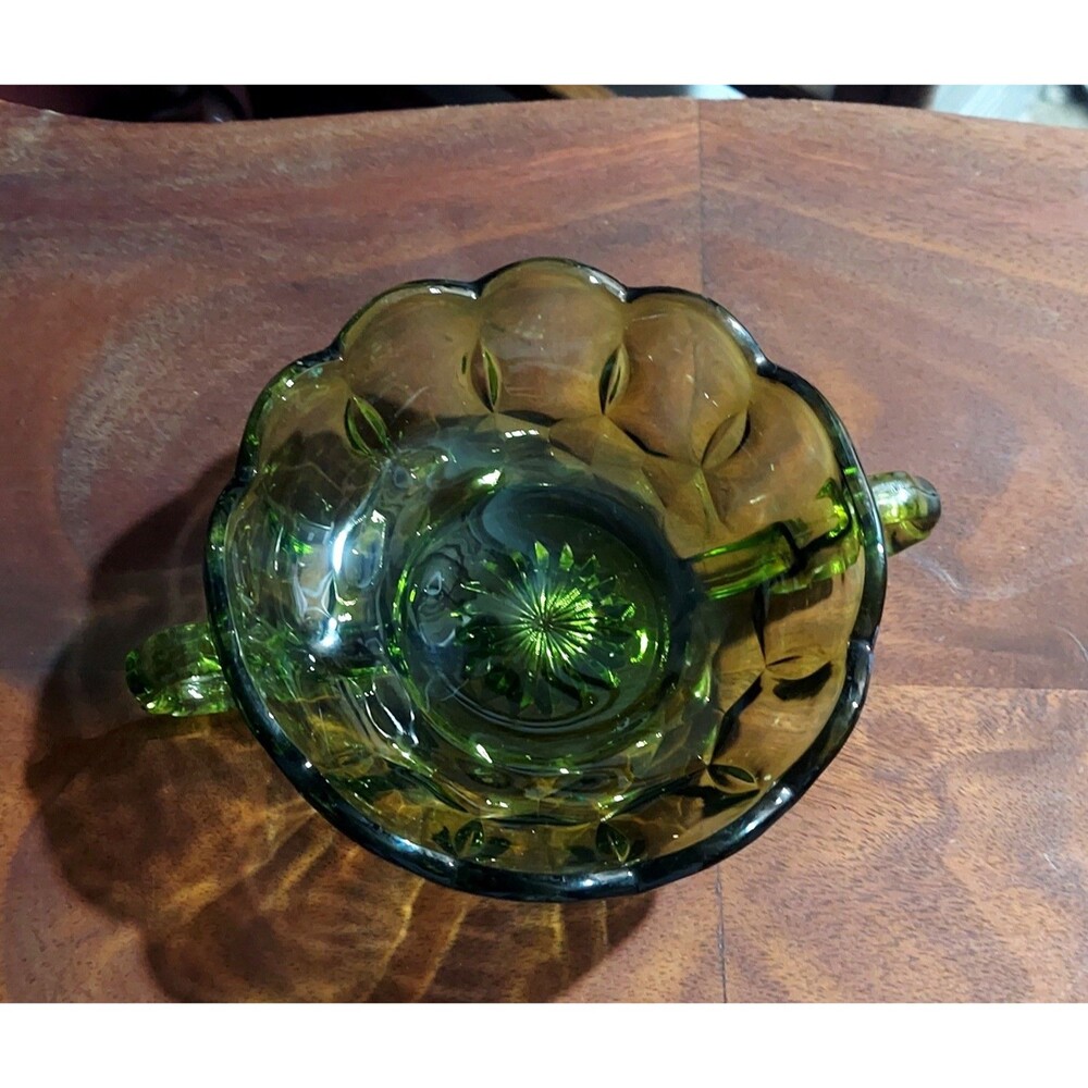 Vtg Anchor Hocking “Fairfield” 2 Handled Nappy Bowl/Avocado Green Pressed Glass
